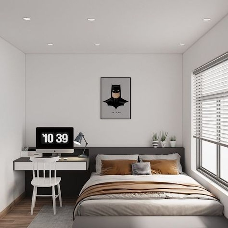 Giường bố trí sát cửa sổ tận dụng tối đa ánh sáng tự nhiên, giúp phòng ngủ luôn thoáng sáng và dễ chịu