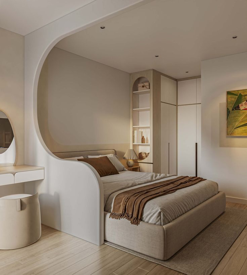 Giường bục liền khối với vách cong mềm tạo góc ngủ ấm cúng