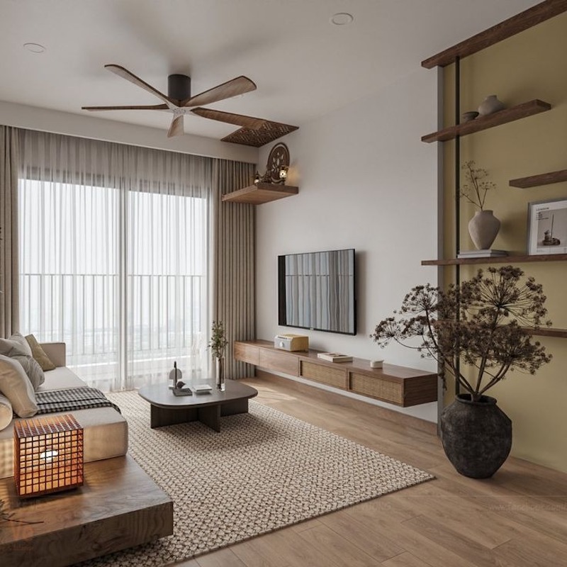 Kệ tivi treo tường kết hợp cửa kính lớn đón sáng giúp không gian gọn gàng, trẻ trung