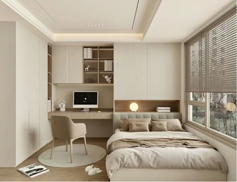 Phòng ngủ phong cách hiện đại và góc làm việc tích hợp cạnh cửa sổ, tối ưu công năng trong diện tích nhỏ
