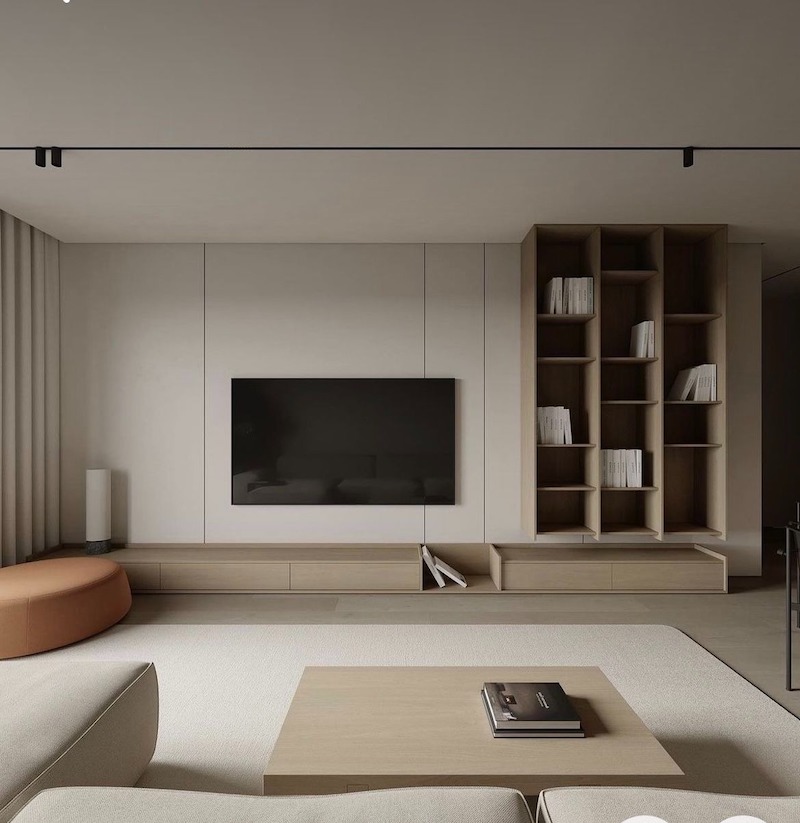 Phòng khách phong cách tối giản với gam trung tính và  đường nét gọn sạch tạo cảm giác rộng rãi