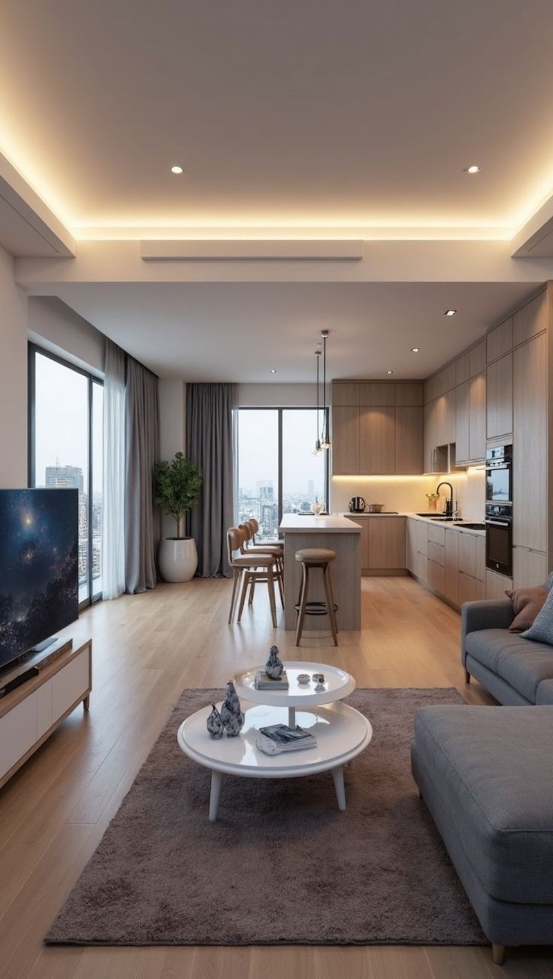 Đảo bếp giúp phân chia mềm mại giữa bếp và phòng khách, vừa làm nơi làm việc vừa làm bàn ăn nhỏ