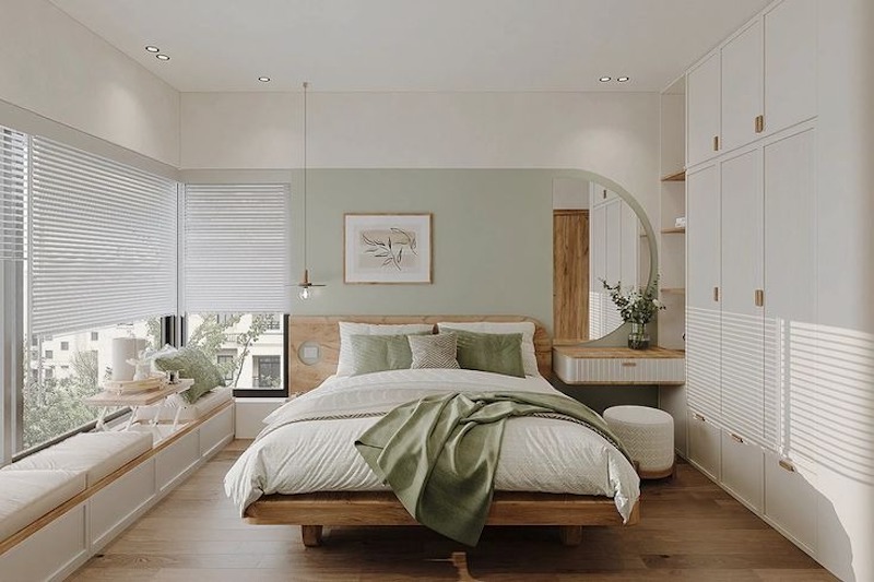 Không gian ngủ  tràn ngập ánh sáng với tông trắng-gỗ tự nhiên, tạo cảm giác ấm áp và rộng rãi