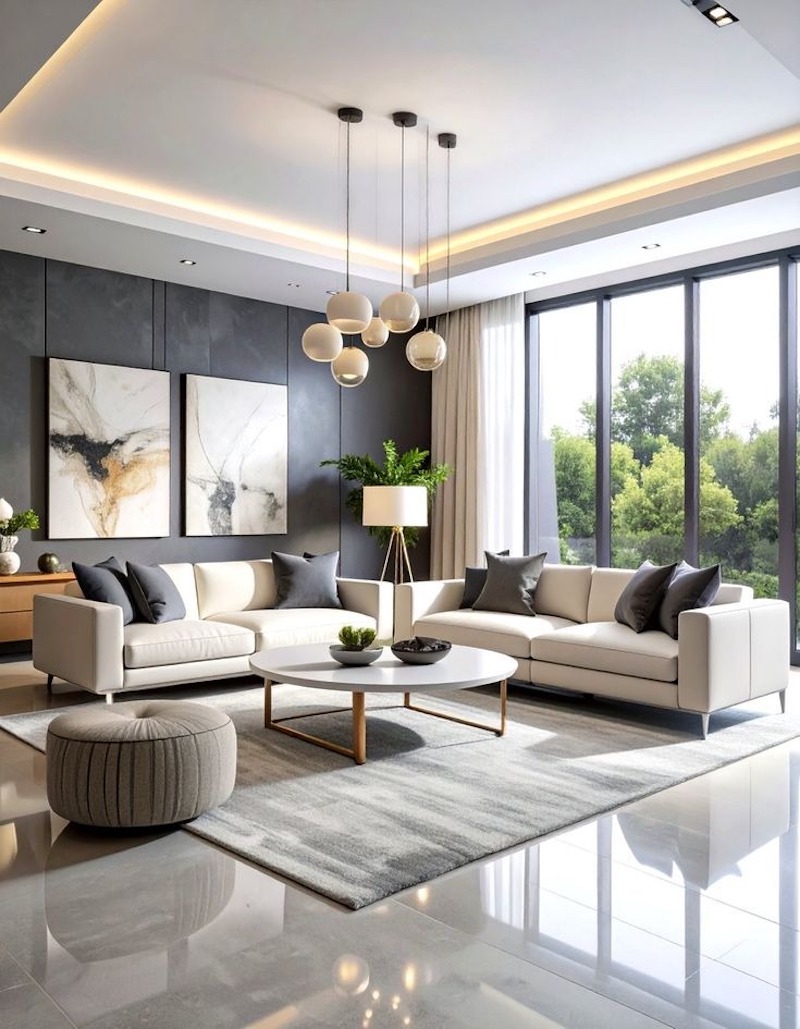 Ghế sofa da kết hợp đèn trần pha lê tạo điểm nhấn sang trọng, nhấn mạnh tinh thần Luxury cho căn hộ 1 phòng ngủ cao cấp