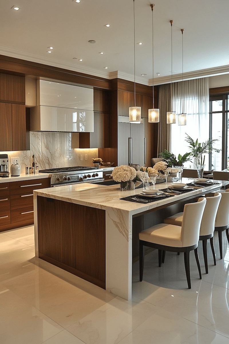 Bếp phong cách Luxury với tủ gỗ trầm, đảo bếp ốp đá xanh navy viền mạ vàng và đèn thả nghệ thuật