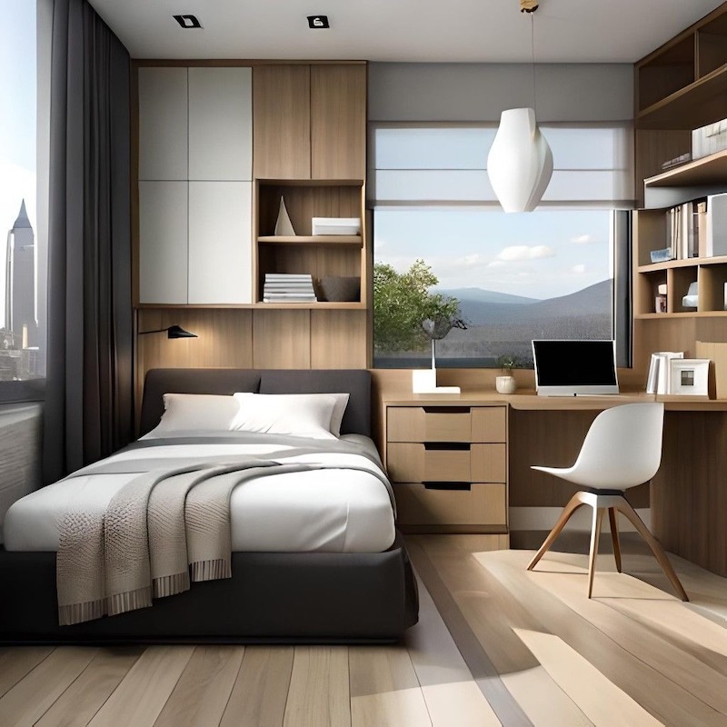 Phòng ngủ kết hợp góc làm việc cạnh cửa sổ, tủ kệ gỗ kịch trần giúp tối ưu lưu trữ cho căn hộ