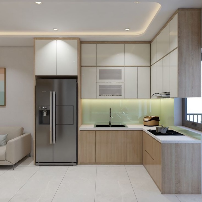 Phòng bếp liên thông với phòng khách tạo không gian mở gọn gàng và thoáng đãng