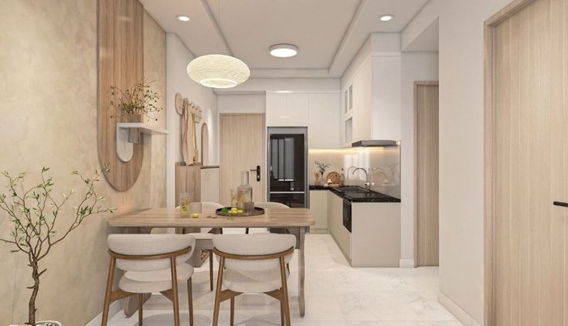 Phòng khách và bếp thiết kế theo hướng không gian mở, tạo nên vùng sinh hoạt chung rộng rãi, thoải mái cho cả gia đình