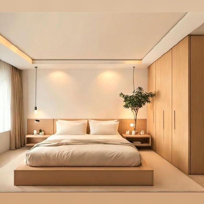 Phòng ngủ master cùng với tủ kịch trần màu gỗ và ánh sáng vàng ấm tạo cảm giác thư giãn, ấm cúng