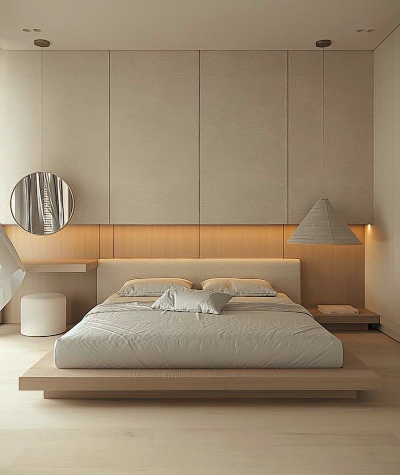 Phòng ngủ master tối giản với giường thấp, mảng ốp gỗ và đèn hắt nhẹ tạo cảm giác ấm áp, thư giãn