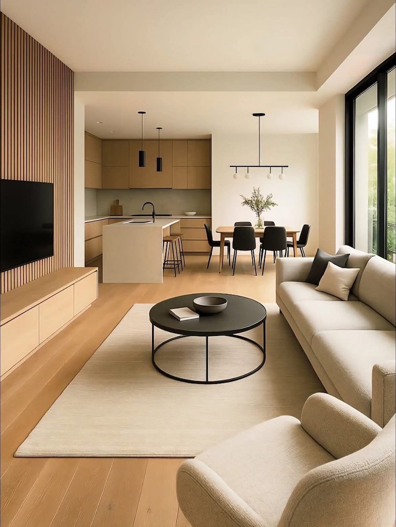 Bếp chữ L liên thông phòng khách với hệ tủ kịch trần màu sáng, vừa tăng sức chứa vừa giữ không gian nấu nướng gọn gàng và thoáng rộng