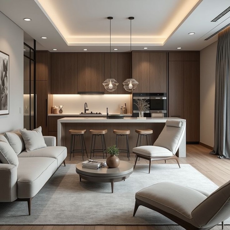 Hệ tủ bếp thiết kế kịch trần giúp tăng lưu trữ mà không làm ảnh hưởng đến không gian phòng khách