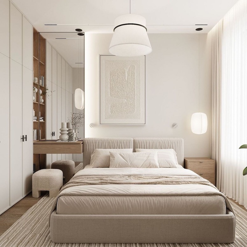 Phòng ngủ trong căn hộ 55m2 cần ưu tiên bố cục gọn gàng để đảm bảo cảm giác thoải mái khi sử dụng lâu dài 