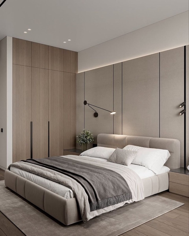 Ánh sáng tự nhiên kết hợp đèn chiếu sáng gián tiếp giúp phòng ngủ không bị bí và chật