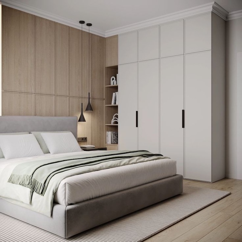 Ánh sáng gián tiếp kết hợp rèm hai lớp trong phòng ngủ chung cư 55m2 tạo cảm giác thư giãn, đảm bảo riêng tư và đúng tinh thần thiết kế Hiện đại 