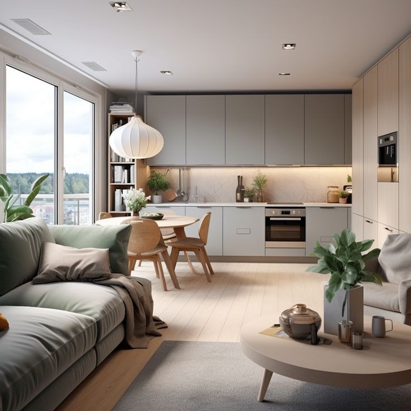 Khu bếp trong căn hộ 55m2 phong cách Bắc Âu được thiết kế gọn gàng, tủ bếp phẳng, tay nắm âm và hạn chế chi tiết trang trí rườm rà