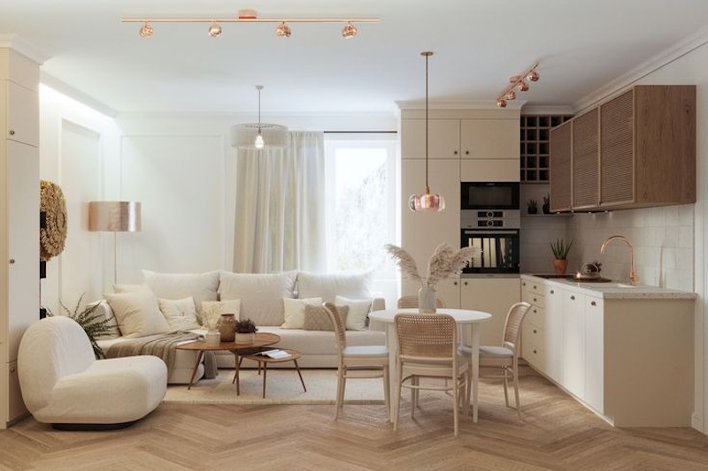 Việc loại bỏ vách ngăn cứng giúp phòng khách liền bếp phong cách Bắc Âu trong căn hộ 55m2 thông thoáng hơn và dễ bố trí nội thất
