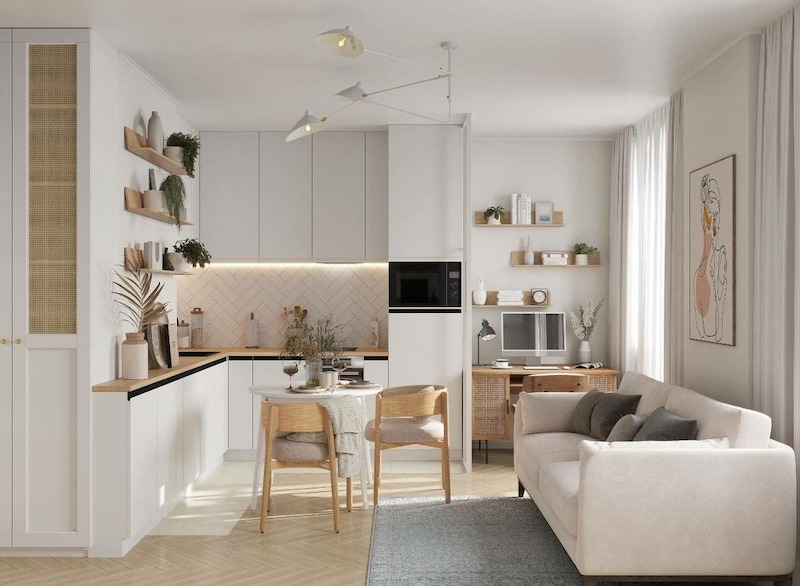 Sàn gỗ sáng màu được sử dụng xuyên suốt phòng khách và bếp giúp không gian 55m2 liền mạch, đúng tinh thần Scandinavian