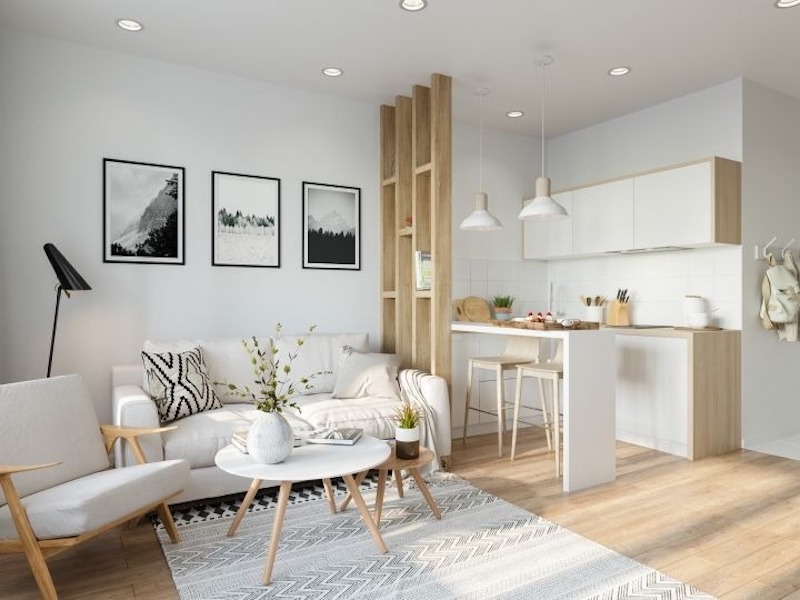 Phòng khách thông bếp Bắc Âu trong chung cư 55m2 ưu tiên đường nét đơn giản, vật liệu thân thiện và cảm giác ấm cúng cho gia đình trẻ 