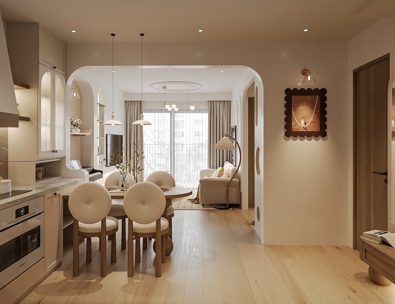 Phòng khách thông bếp phong cách Tối giản trong căn hộ 55m2 được thiết kế dựa trên nguyên tắc “ít nhưng đủ”, hạn chế tối đa chi tiết gây nhiễu thị giác