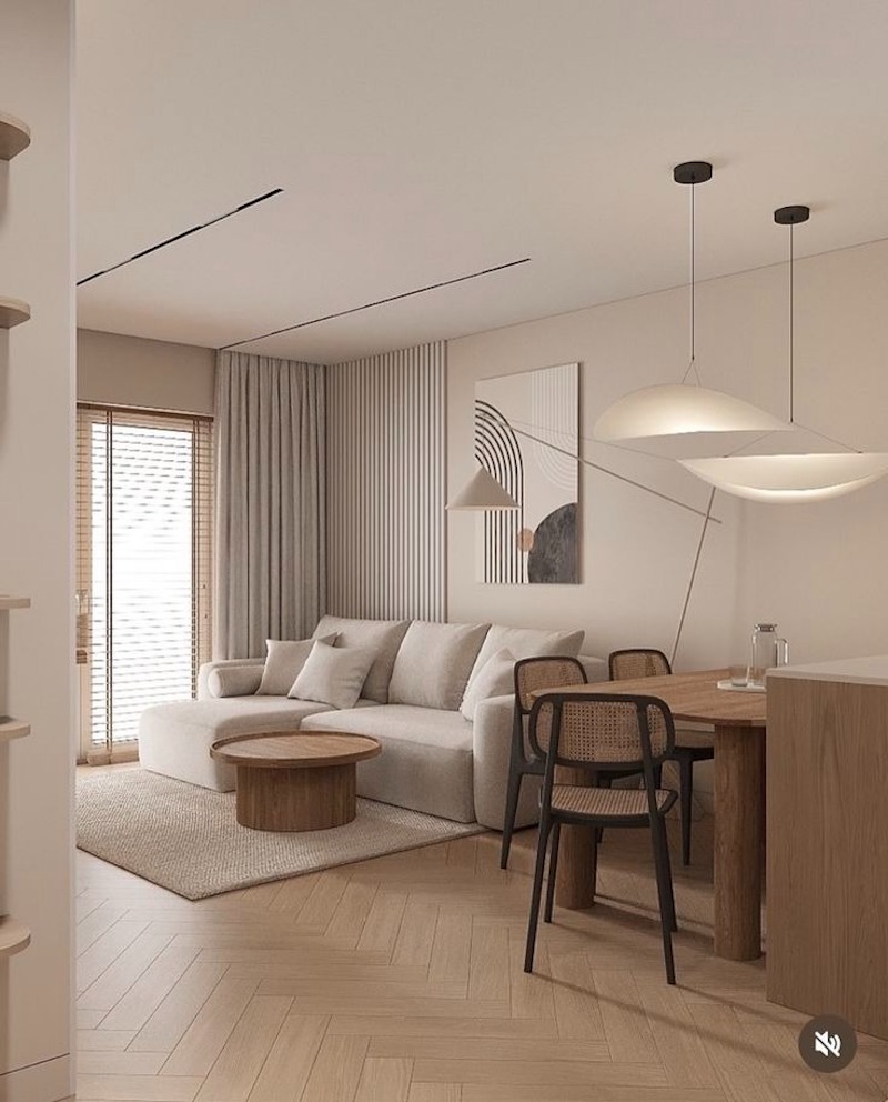 Tỷ lệ đồ nội thất trong phòng khách thông bếp được tính toán kỹ để không lấn át diện tích lưu thông