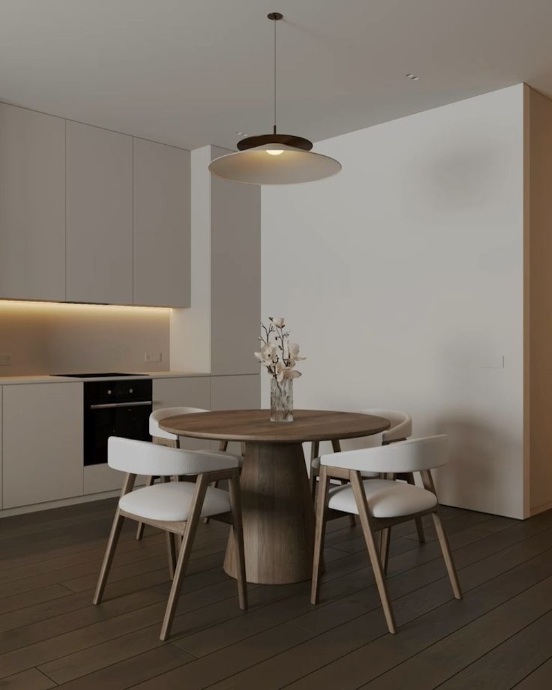 Phòng khách thông bếp 55m2 theo phong cách Tối giản đề cao trải nghiệm sinh hoạt liền mạch cho gia đình