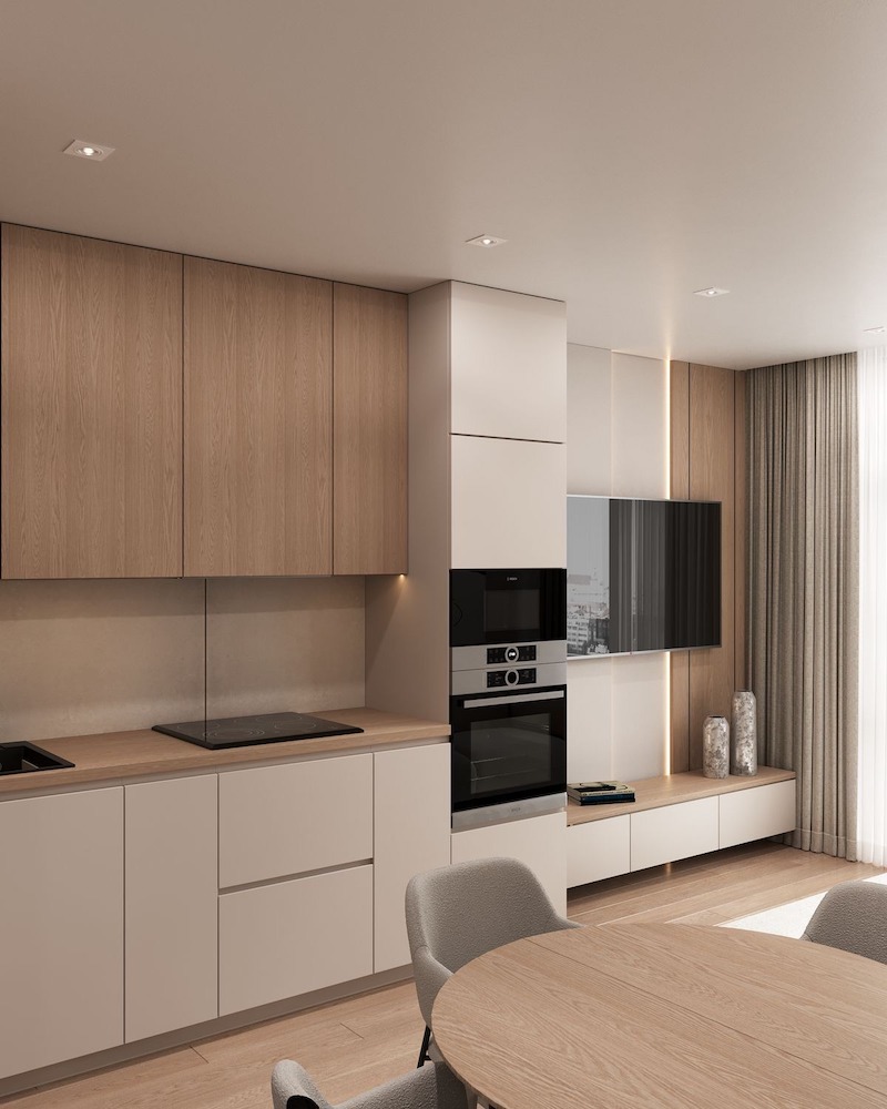 Phòng khách thông bếp phong cách Tối giản phù hợp với nhịp sống hiện đại và thói quen sinh hoạt của gia đình trẻ 