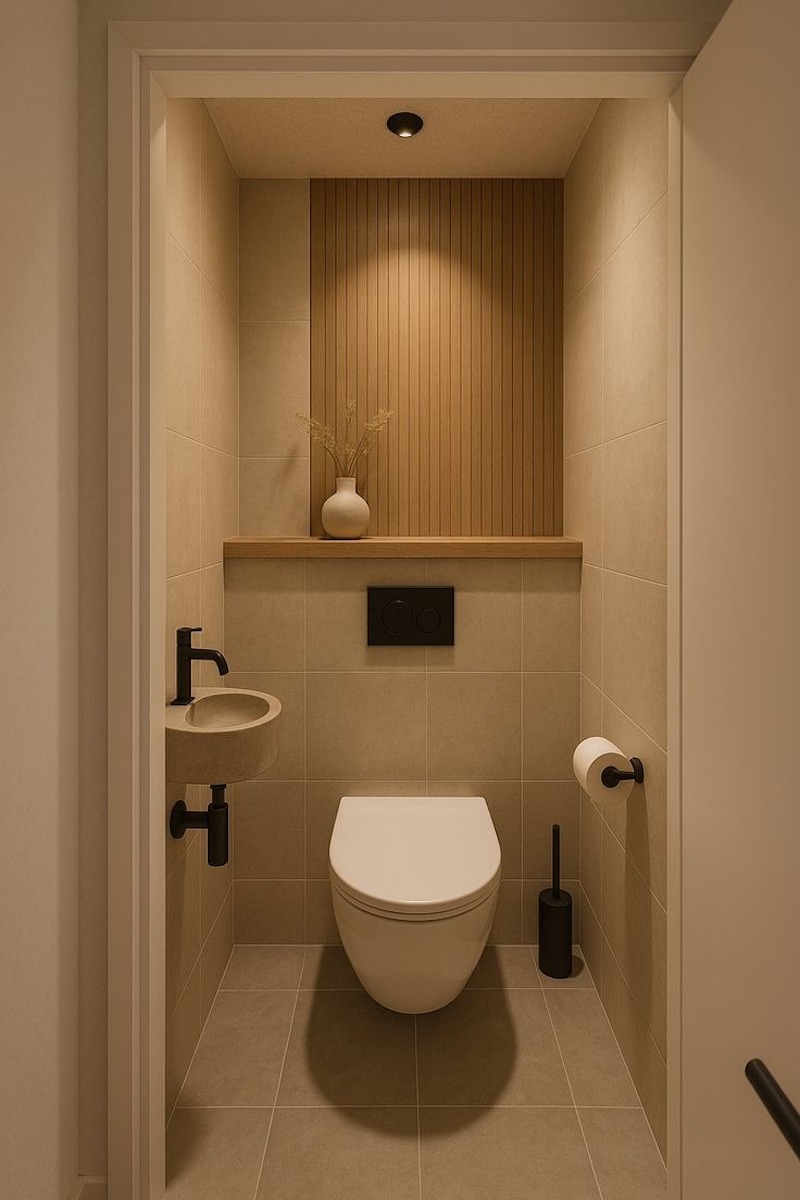 Phòng vệ sinh phong cách Tối giản trong căn hộ 55m2 được thiết kế ưu tiên sự tiện dụng và luồng sử dụng hợp lý