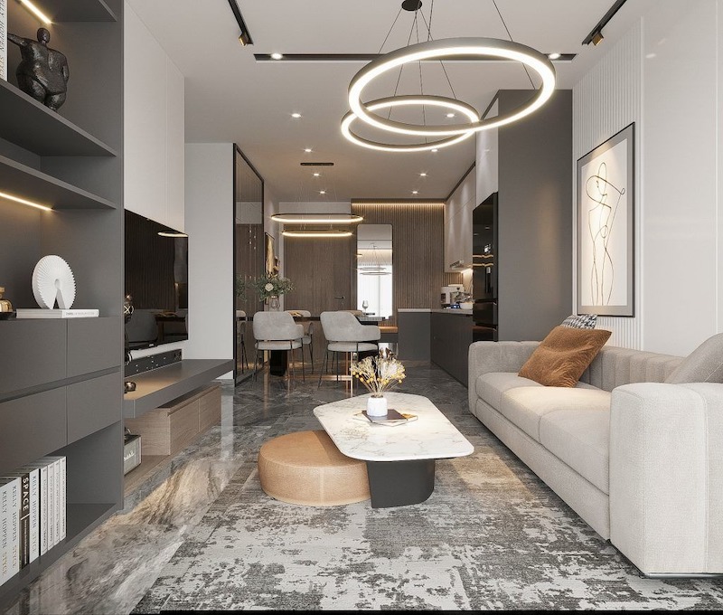 Phòng khách thông với bếp giúp căn hộ 55m2 phong cách Hiện đại trở nên rộng rãi và liền mạch hơn về không gian 