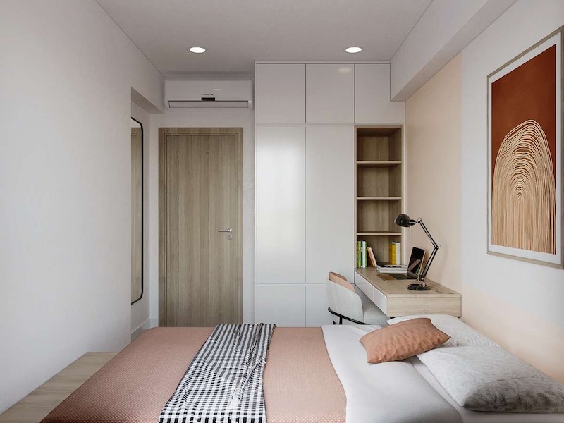 Phòng ngủ nhỏ trong căn hộ 55m2 cần ứng dụng nội thất tích hợp để vẫn đảm bảo chỗ ngủ, học tập và lưu trữ