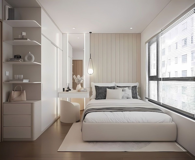 Hệ tủ kịch trần và lưu trữ âm tường là giải pháp phổ biến trong thiết kế căn hộ 55m2 có hai phòng ngủ
