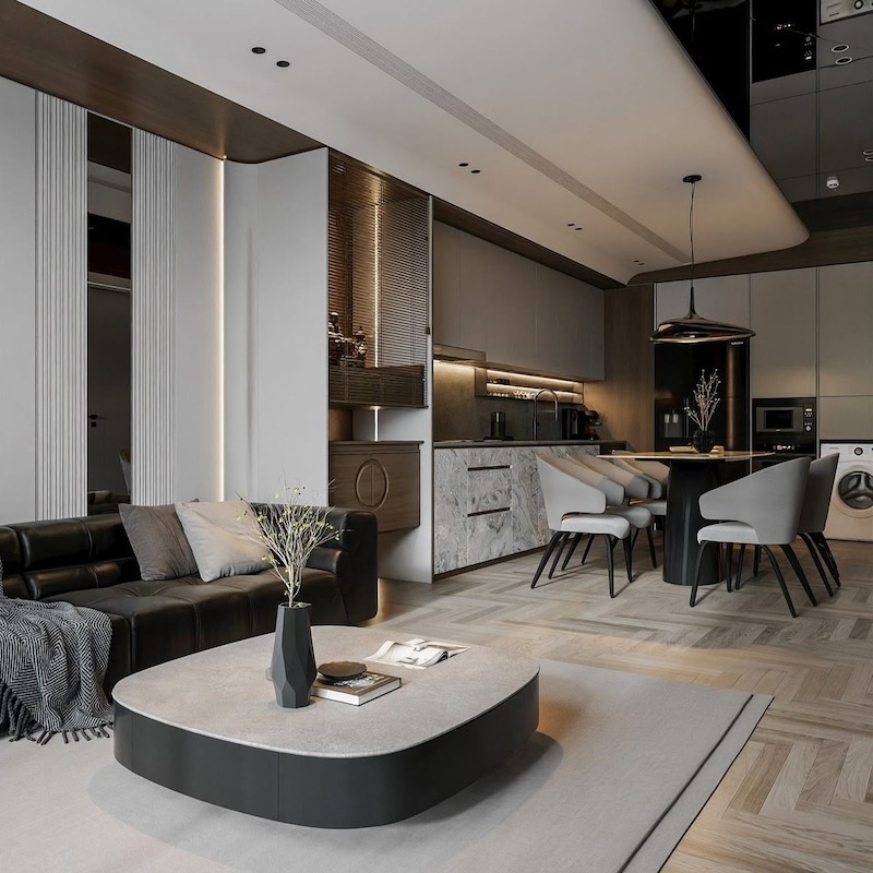 Thiết kế không gian mở giúp tối ưu ánh sáng tự nhiên cho khu vực phòng khách và bếp trong chung cư 55m2 