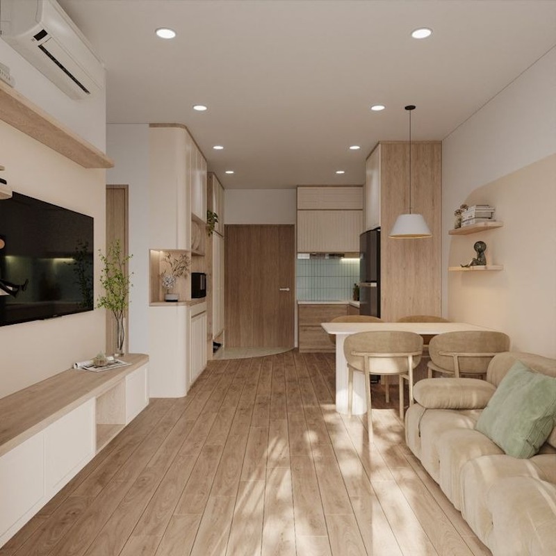 Phòng khách liền bếp phong cách Hiện đại hạn chế vách ngăn cứng để giảm cảm giác chật chội 