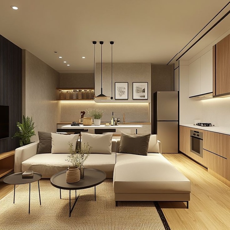 Gam màu trung tính giúp phòng khách thông bếp trong chung cư 55m2 phong cách Hiện đại luôn sáng và gọn gàng 