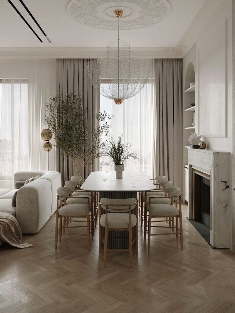 Phòng khách bố trí liền mạch với khu bếp và bàn ăn, giúp không gian rộng thoáng, ánh sáng tự nhiên lan tỏa khắp căn hộ, đồng bộ phong cách