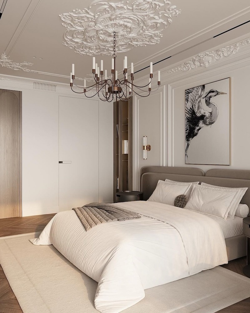 Nội thất phòng ngủ đồng bộ phong cách Tân cổ điển, kết hợp rèm vải và tranh decor nhẹ nhàng, mang lại tổng thể hài hòa, sang trọng và tiện nghi 