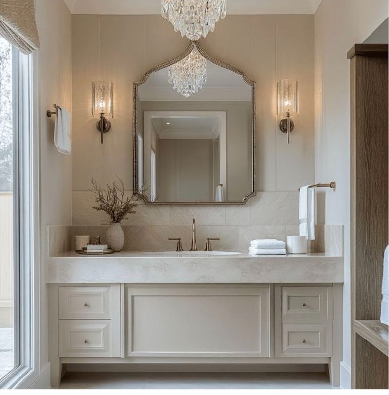 Nhà vệ sinh phong cách tân cổ điển kết hợp kệ gỗ tinh tế và ánh sáng ấm, giúp phòng vệ sinh vừa tiện dụng, vừa thanh lịch, đồng bộ phong cách toàn căn hộ 