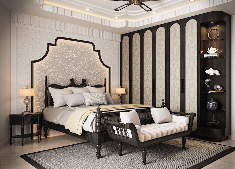 Nội thất phòng ngủ đồng bộ với phòng khách, sử dụng vật liệu tự nhiên và hoa văn Indochine, đảm bảo tổng thể hài hòa và tinh tế