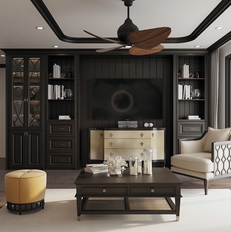 Vách tường kết hợp hoa văn Đông Dương và vật liệu tự nhiên như tre, mây, gỗ, làm nổi bật đặc trưng văn hóa Á - Âu tinh tế 