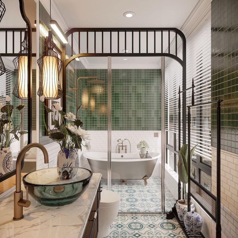 Bồn tắm hoặc vòi sen bố trí hợp lý, kết hợp kệ gỗ và ánh sáng nhẹ, giúp phòng vệ sinh vừa tiện dụng vừa giữ nét sang trọng, tinh tế 