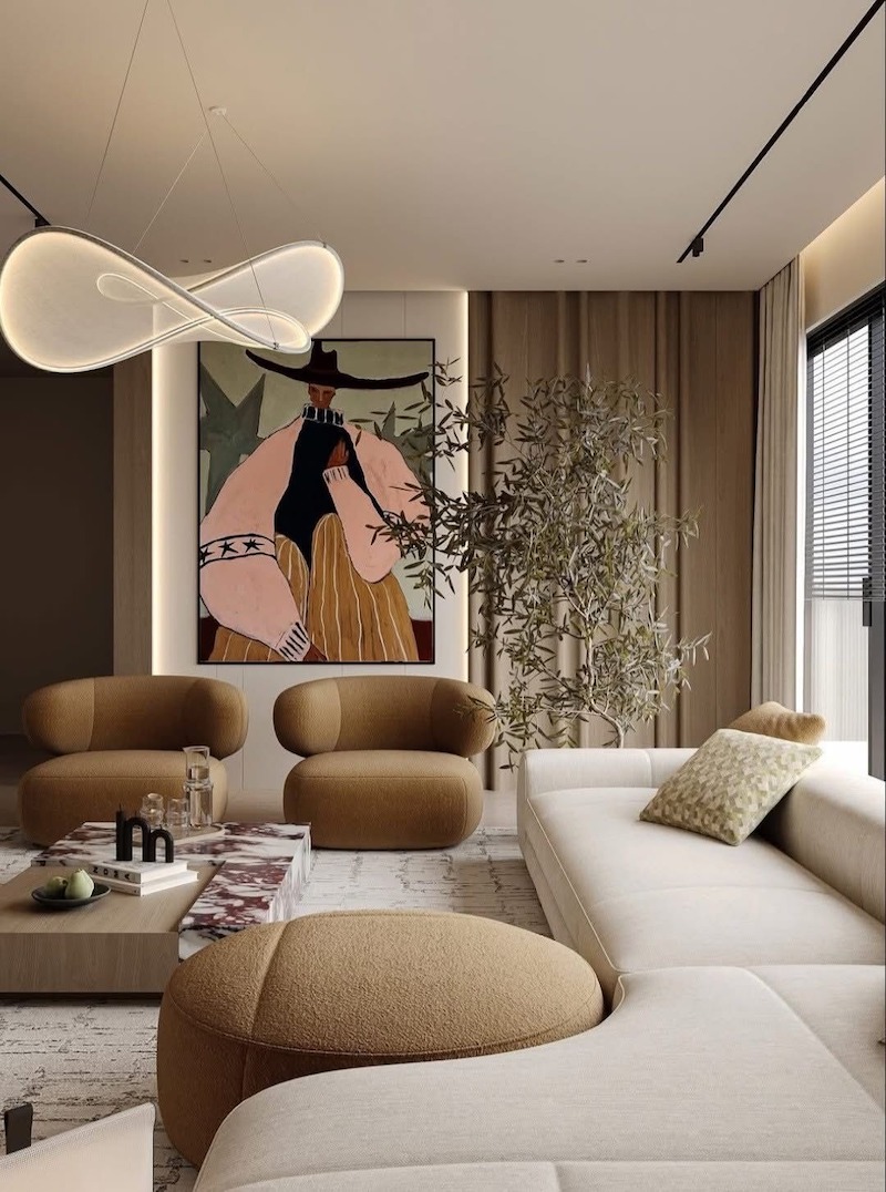 Thảm trải sàn màu trung tính và rèm cửa nhẹ làm dịu không gian, tăng sự ấm áp, thanh lịch và sang trọng cho phòng khách