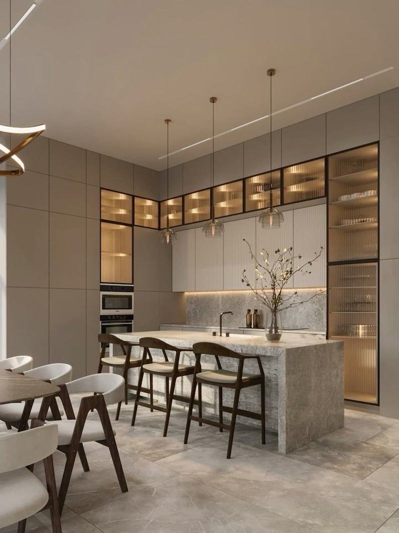 Khu bếp và bàn ăn 80m2 có thể bố trí bàn đảo hoặc quầy bar, kết hợp tủ rượu và ánh sáng ấm, vừa tiện nghi vừa sang trọng, liền mạch với phòng khách 