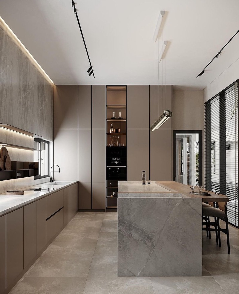 Bếp liền mạch phòng khách, tận dụng ánh sáng tự nhiên từ cửa sổ, giúp không gian rộng thoáng, tiện nghi khi nấu nướng và sinh hoạt