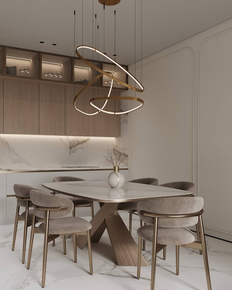 Trang trí phụ kiện kim loại, pha lê hoặc gốm cao cấp tăng nét tinh tế, đồng thời giữ tổng thể Luxury Modern hài hòa, đẳng cấp