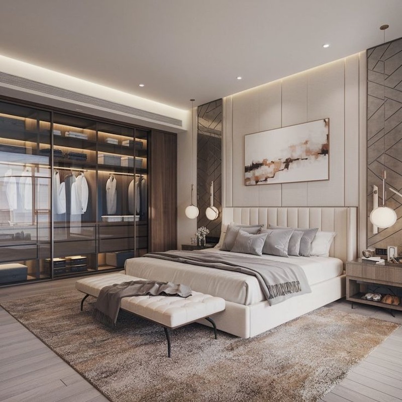 Phòng ngủ sử dụng tủ âm tường và bàn làm việc gọn gàng, đảm bảo tiện nghi mà vẫn thoáng đãng, hiện đại