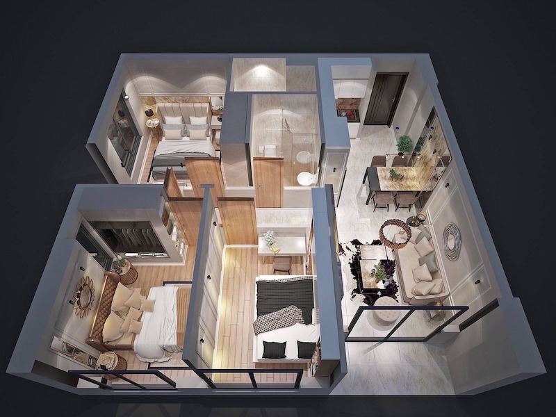 Toàn bộ căn hộ 80m2 đồng bộ phong cách hiện đại, tận dụng ánh sáng tự nhiên và vật liệu ấm áp, tạo không gian sống tiện nghi, ấm cúng cho gia đình 