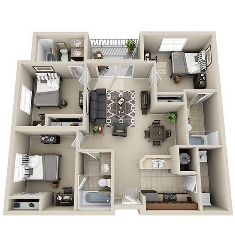 Căn hộ 80m2 bố trí 3 phòng ngủ gọn gàng, phòng khách trung tâm với sofa, bàn trà, kết nối trực tiếp với phòng ăn và bếp, tạo không gian rộng thoáng