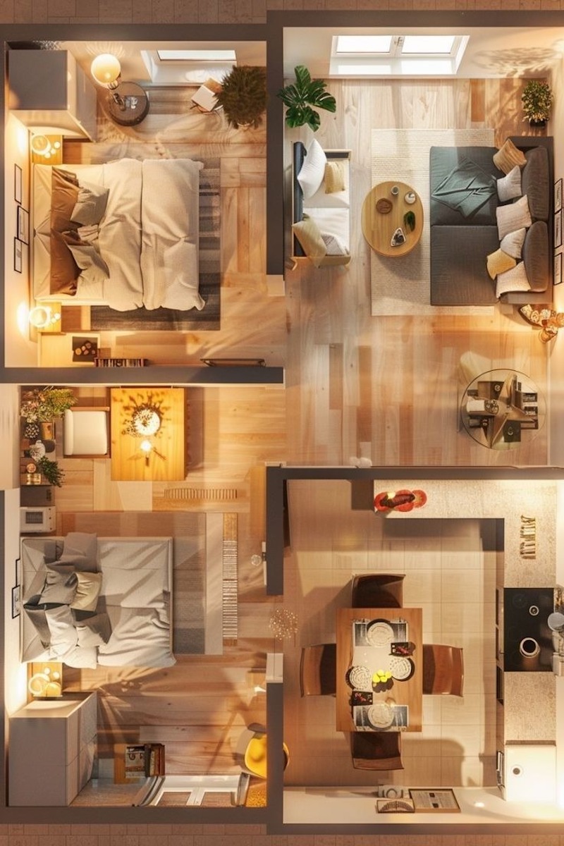 Căn hộ 80m2 với 2 phòng ngủ dành cho gia chủ thích không gian rộng, phòng khách trung tâm nối liền phòng ăn và bếp, tạo cảm giác thoáng đãng 