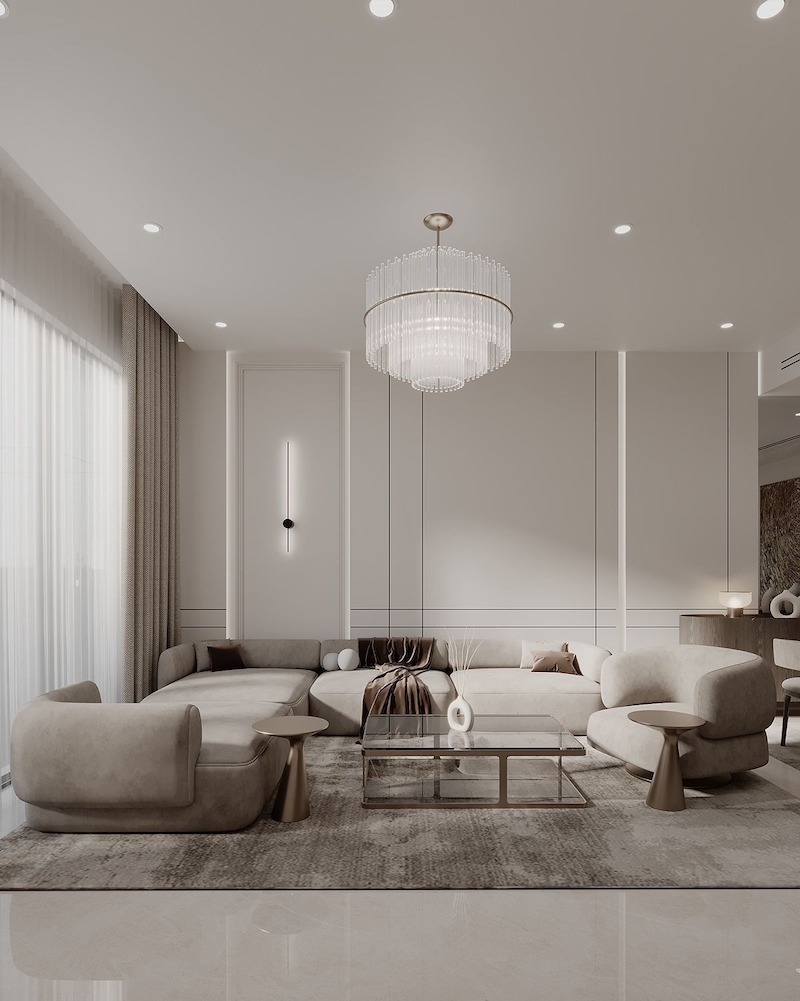 Bố trí đèn chùm trung tâm và đèn tường phụ vừa chiếu sáng, vừa làm nổi bật chi tiết phào chỉ, tạo sự sang trọng tinh tế cho căn phòng 