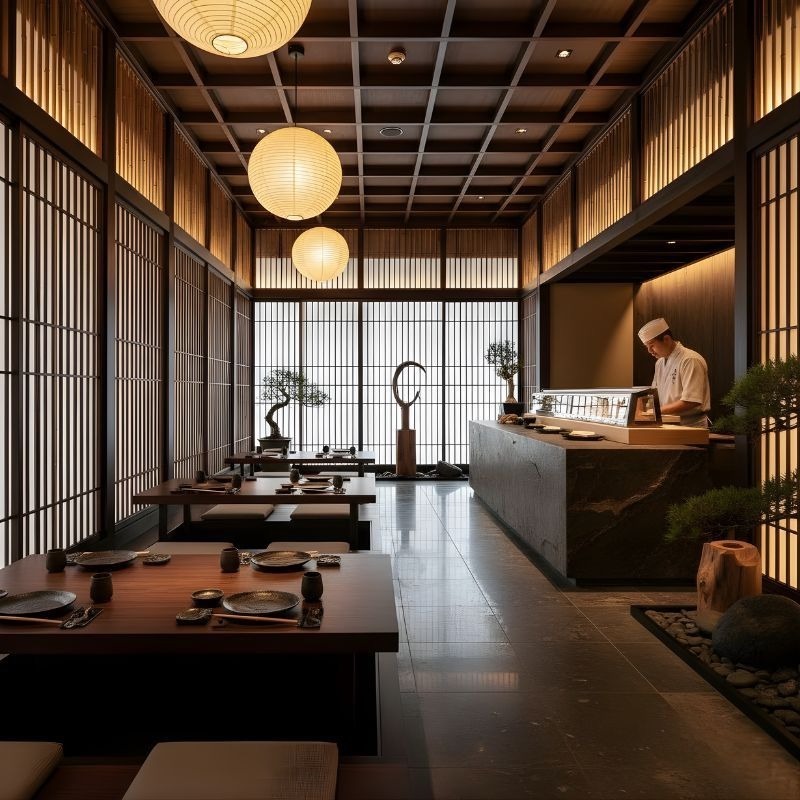 Tông màu trung tính tự nhiên trong nhà hàng Nhật Bản phong cách truyền thống (Washitsu) kết hợp gỗ, giấy và đá, tạo sự đồng nhất và thanh lịch 